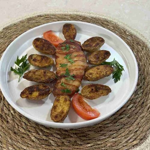 baconbe tekert csirkemell airfryerben steak burgonyával